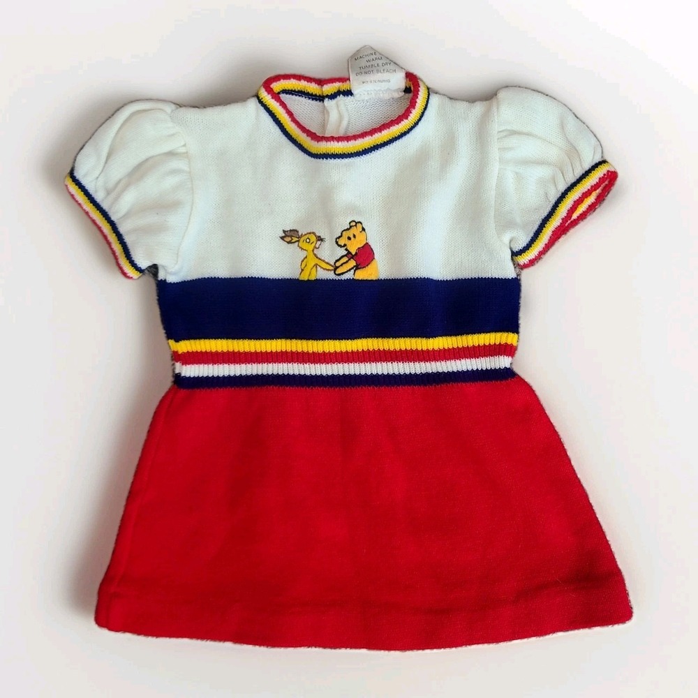 Vintage Disney Sears Winnie the Pooh‎ Knit Sweater Dress Blue "Perma Prest" Baby